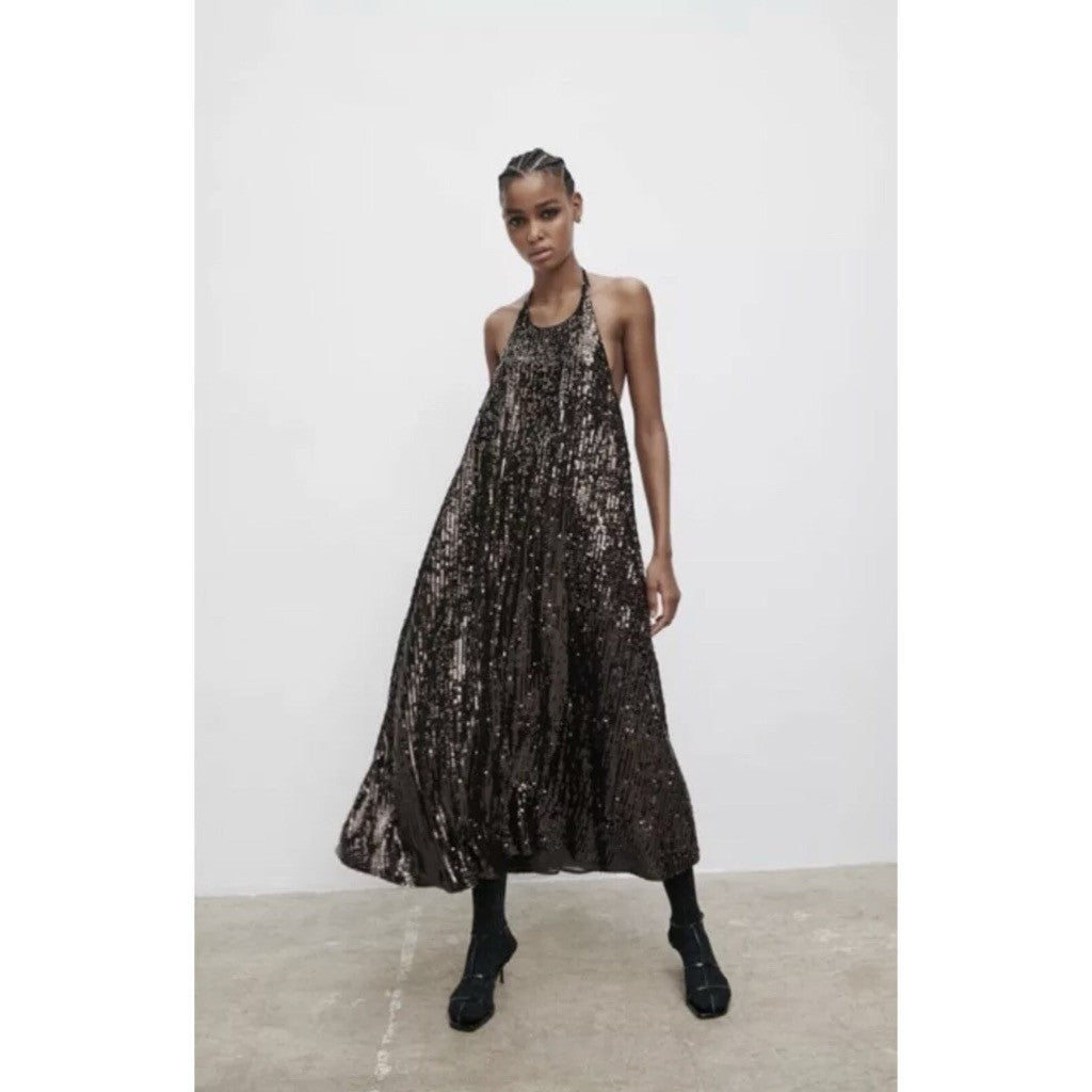 ZARA Chocolate Brown Sequin Halter Maxi Dress Festive Party Sequinned Small