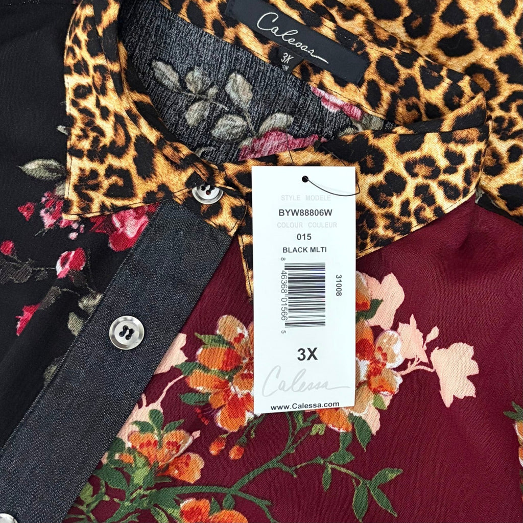 NWT!! CALESSA Embroidered Floral Leopard Print Buttondown Top Blouse Size 3X
