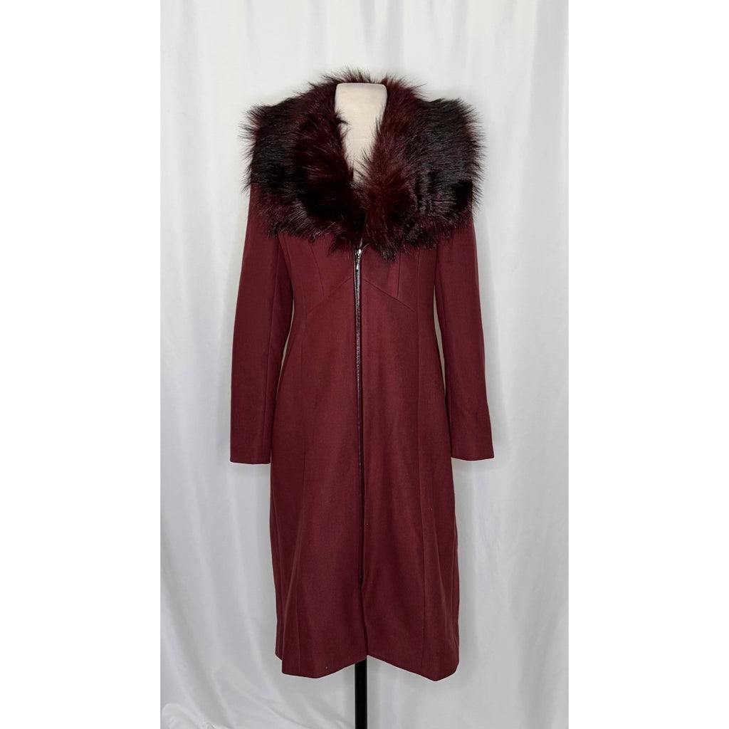 WHBM Burgundy Long Coat Removable Faux Fur Collar White House Black Market XS