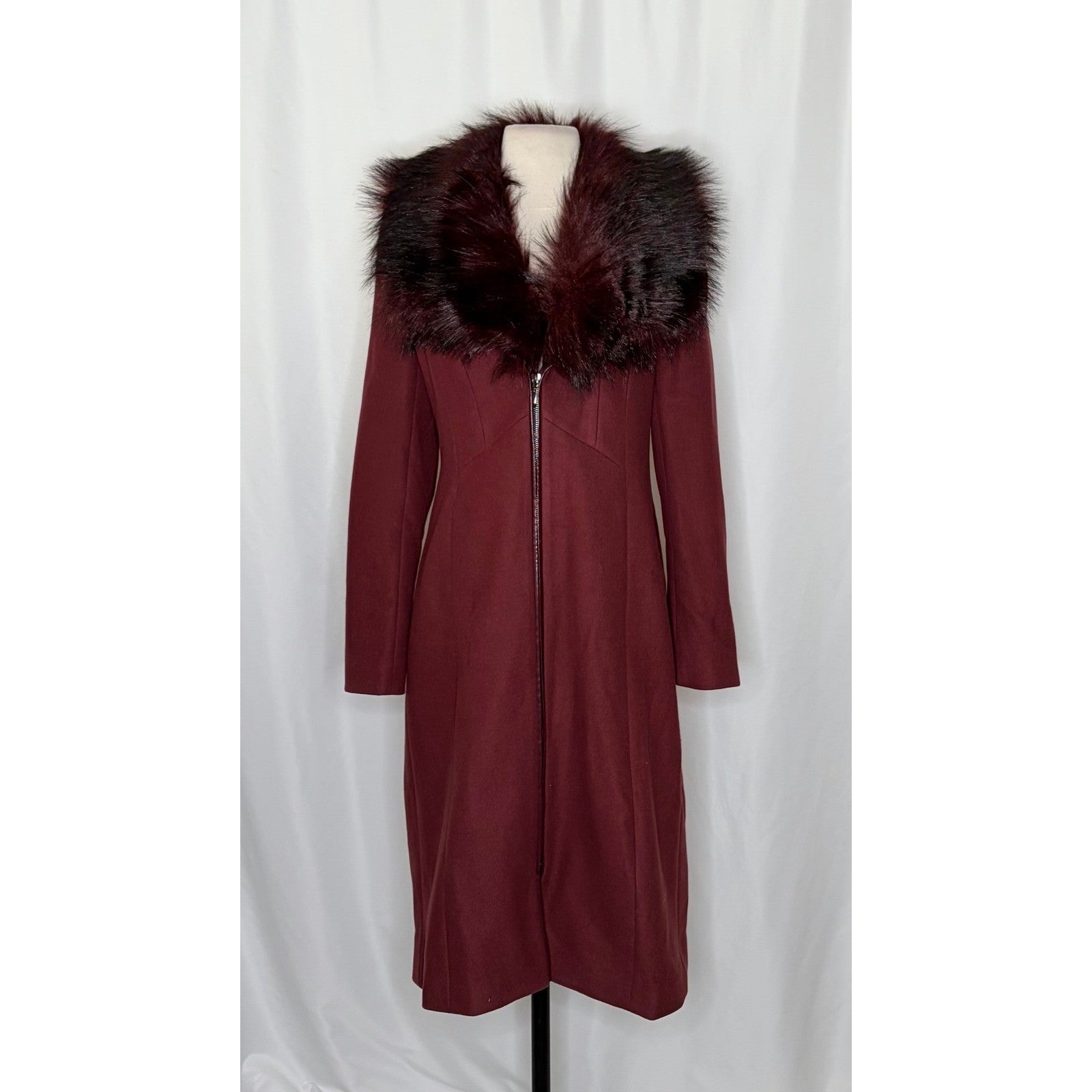 WHBM Burgundy Long Coat Removable Faux Fur Collar White House Black Market XS