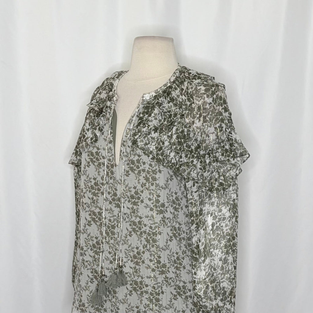 RAMY BROOK Silk Printed Celeste Blouse Chiffon Sagco Green Floral Metallic Small