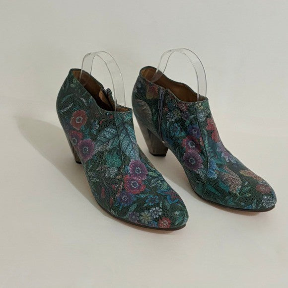 CALLEEN CORDERO Leather Green Floral Print Ankle Boots Booties Chunky Heels 9.5
