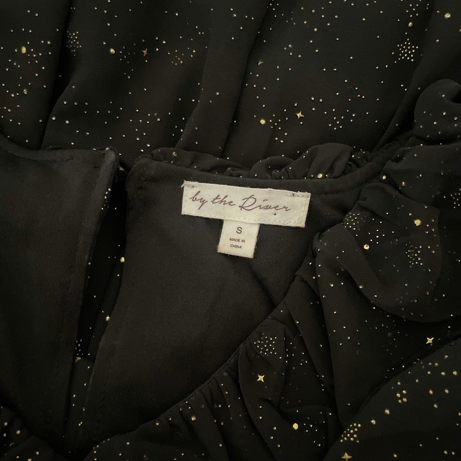 BY THE RIVER Chiffon Midi Dress Ruffled Black Gold Stars Party Glam Star Small
