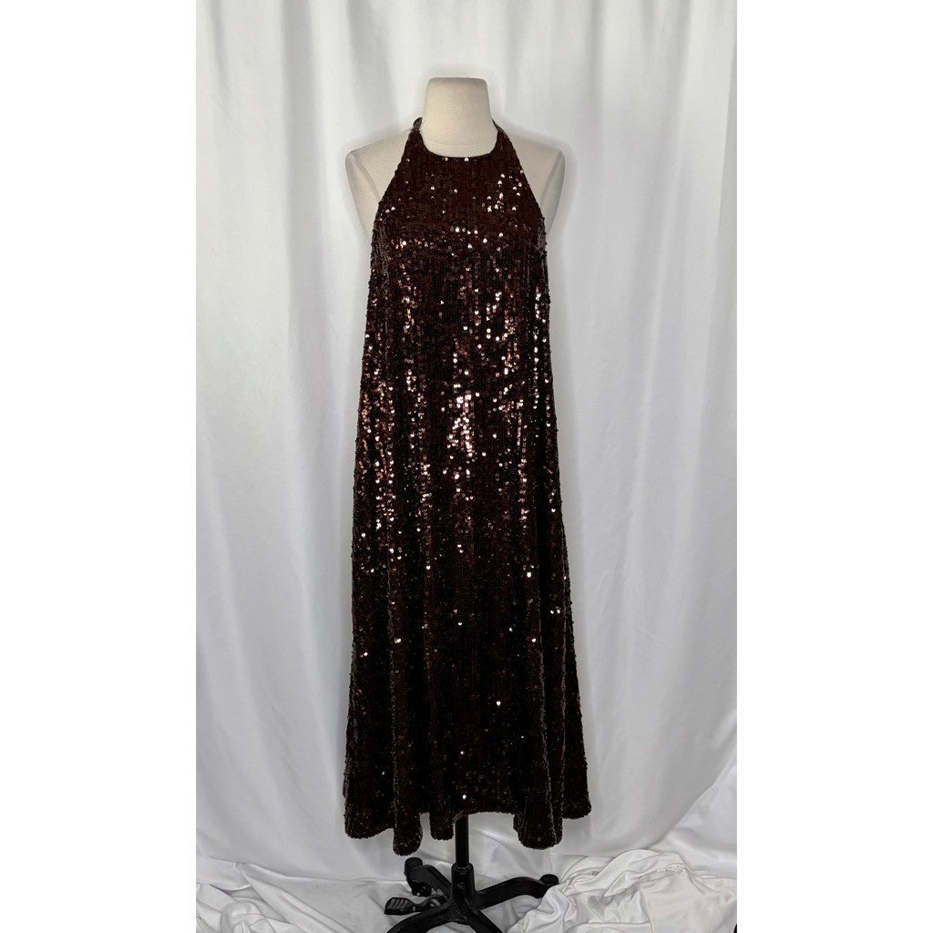 ZARA Chocolate Brown Sequin Halter Maxi Dress Festive Party Sequinned Small