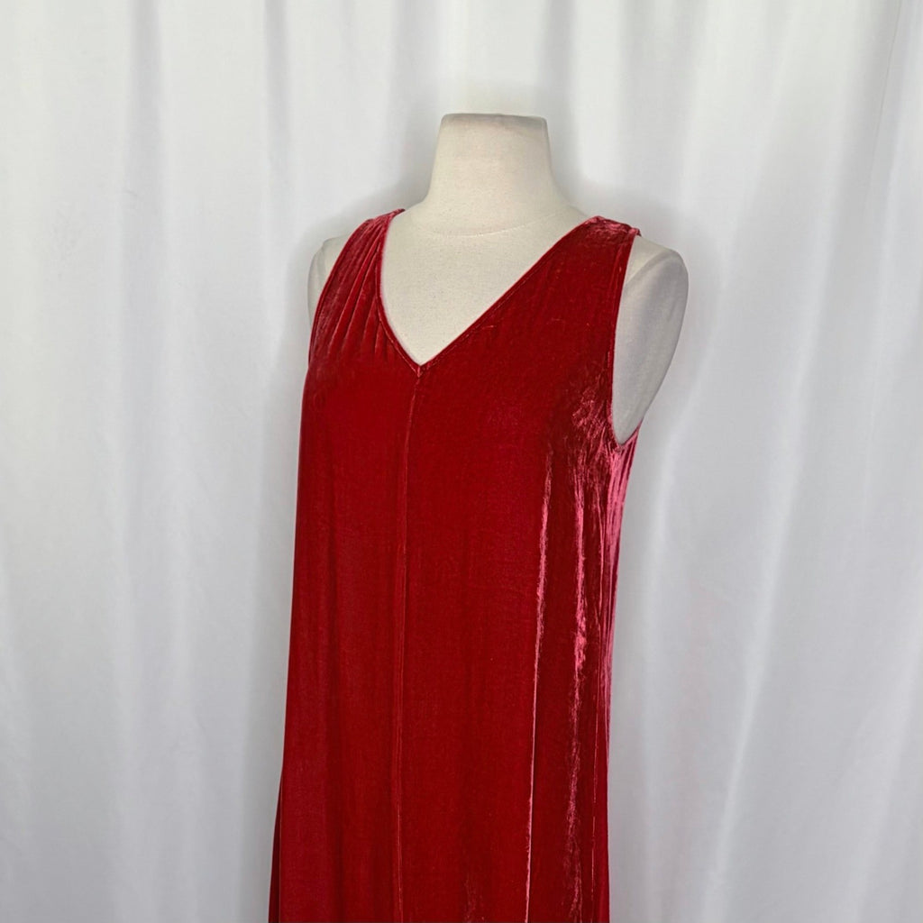 NWT!! EILEEN FISHER Red Scarlet Velvet Silk V Neck Midi Dress A-Line Preppy XXS