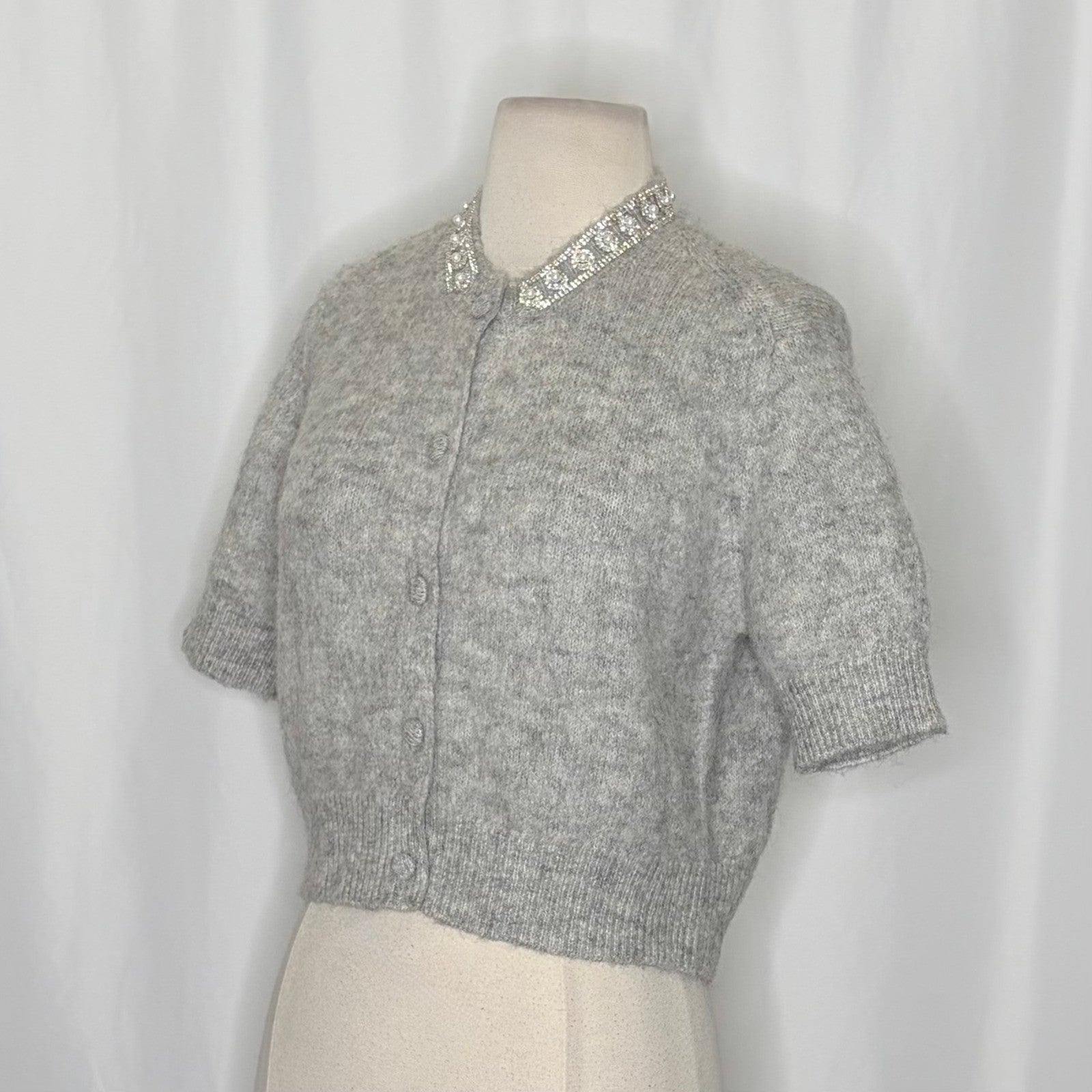 ZARA Jewel Embellished Gray Cropped Cardigan Sweater Knitwear Jewelled Large