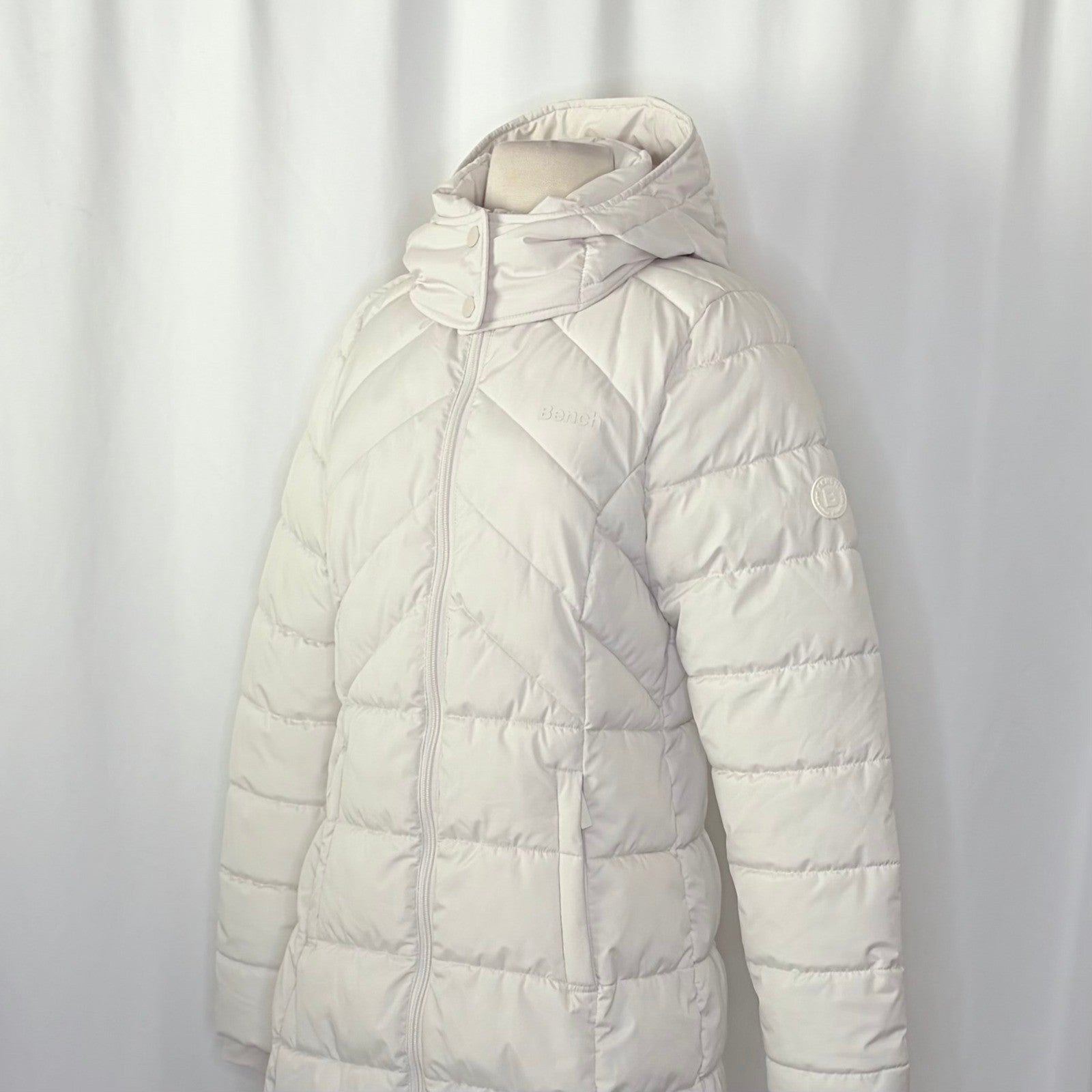 BENCH Long Hooded Puffer Coat Removable Hood Pockets Minimalist Quilted X-Small