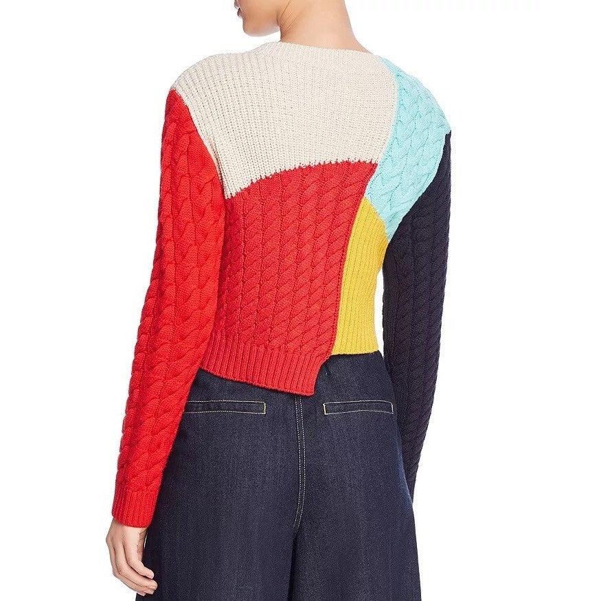 ALICE + OLIVIA Lebell Mixed Knit Cropped Sweater Colorblock Colorful Large