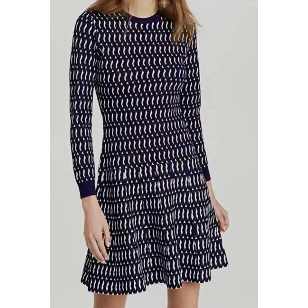SHOSHANNA Aspen Intarsia Knit Dress Navy Blue White Dropwaist Crew Neck X-Large