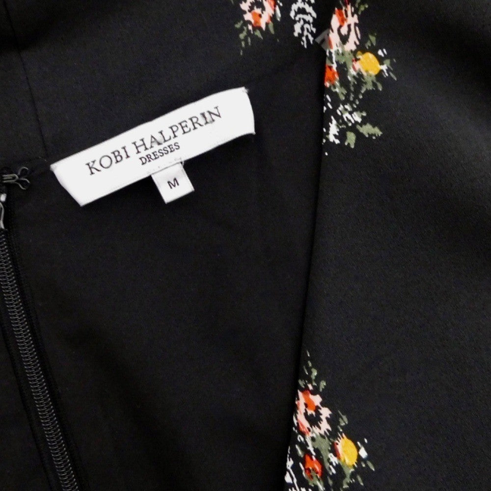 KOBI HALPERIN Ayana Ruffle Sleeve Black Floral Dress Cape Shift Dress Medium