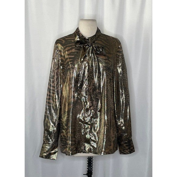 REISS Kendall Metallic Animal Print Tie Neck Blouse Gold Buttondown Size 8