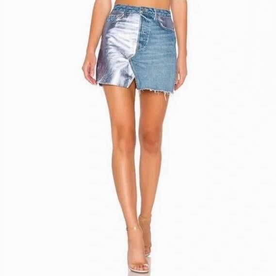 GRLFRND Girlfriend Milla Metallic Panel Denim Silver Mini Skirt Two Face Size 28