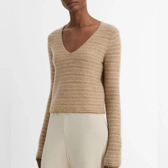 VINCE Cashmere Fair Isle V Neck Sweater Sandshell Combo Preppy Pullover Medium