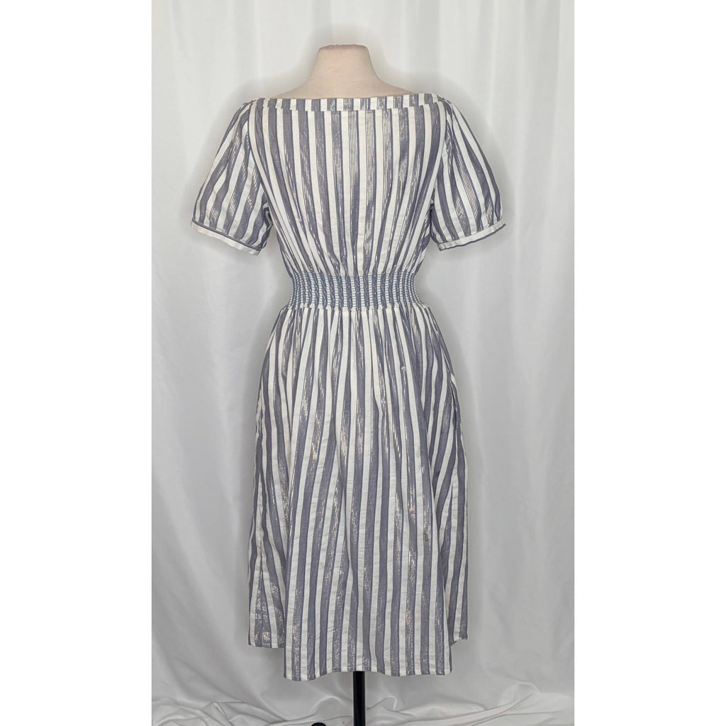 Anthropologie SEEN WORN KEPT Jenna Lurex Stripe Dress Blue White Midi Size 12