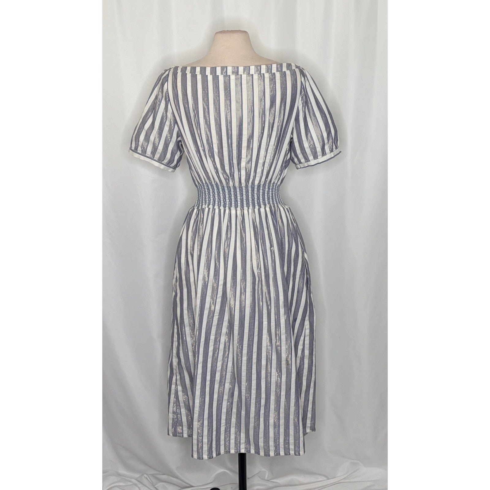 Anthropologie SEEN WORN KEPT Jenna Lurex Stripe Dress Blue White Midi Size 12