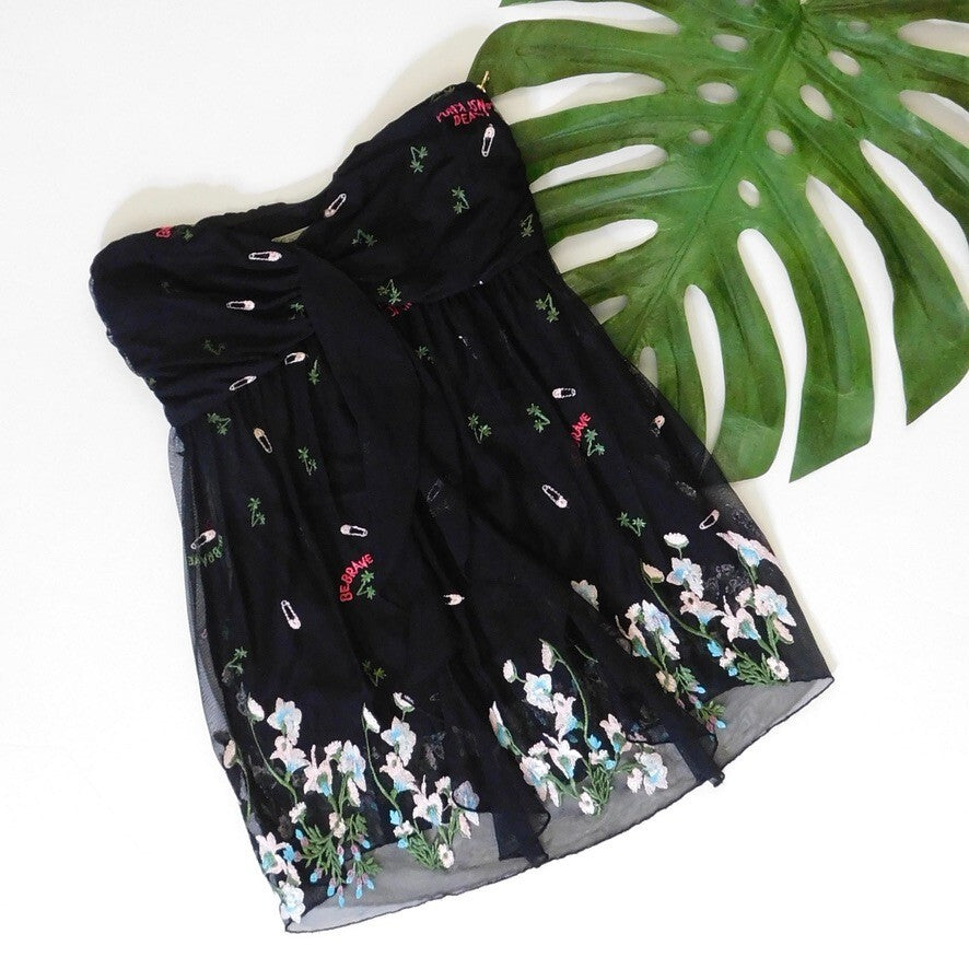 PATRIZIA PEPE Embroidered Tulle Top Strapless Floral Punk Size 40 US 4