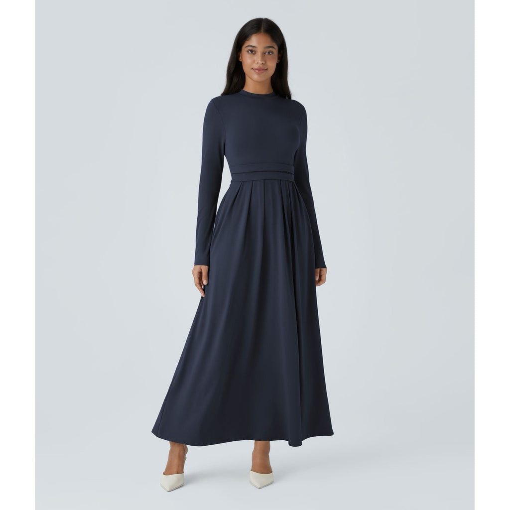 HALARA Navy Blue Mock Neck Long Sleeve Pocket Flare Maxi Casual Dress Knit XS