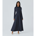 HALARA Navy Blue Mock Neck Long Sleeve Pocket Flare Maxi Casual Dress Knit XS