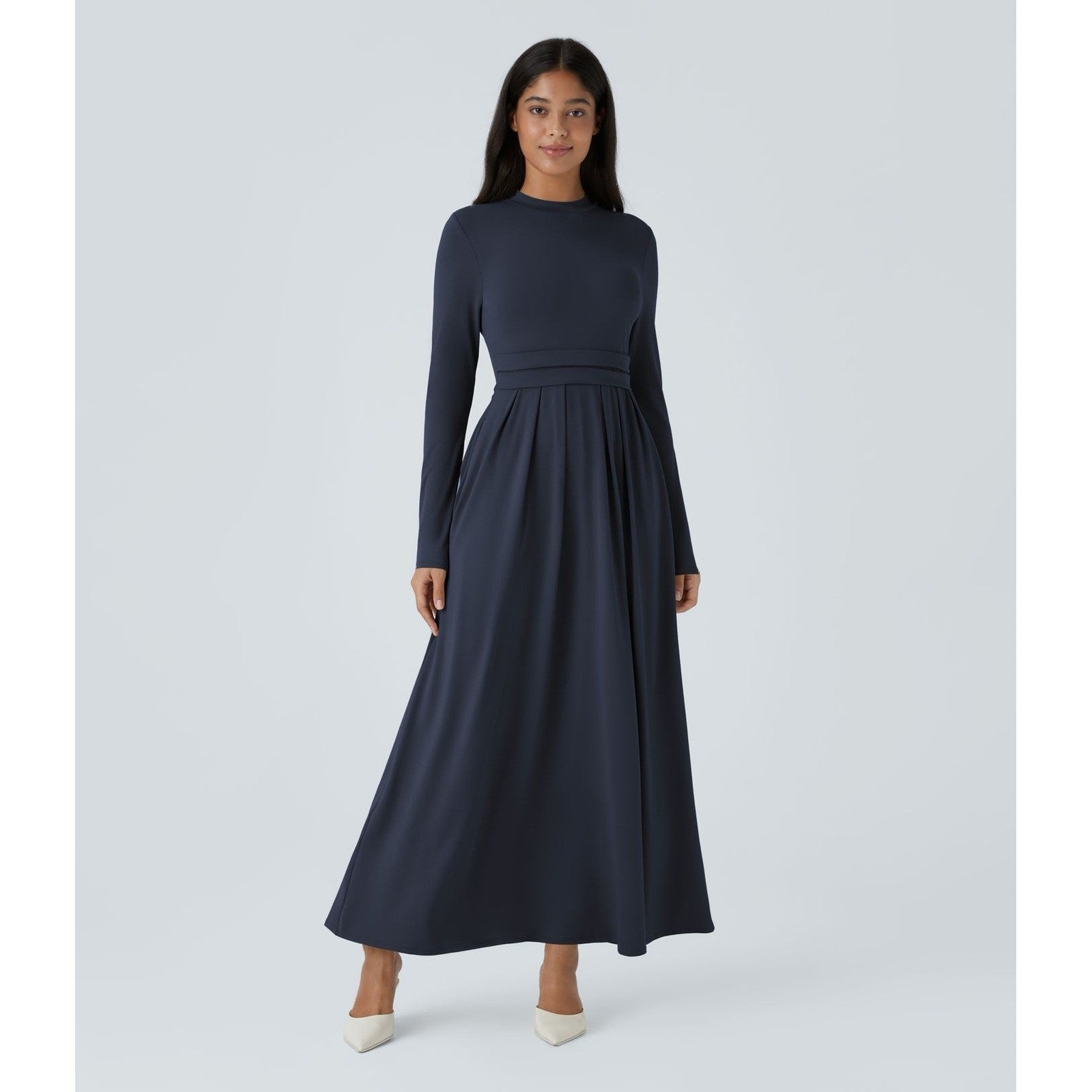 HALARA Navy Blue Mock Neck Long Sleeve Pocket Flare Maxi Casual Dress Knit XS