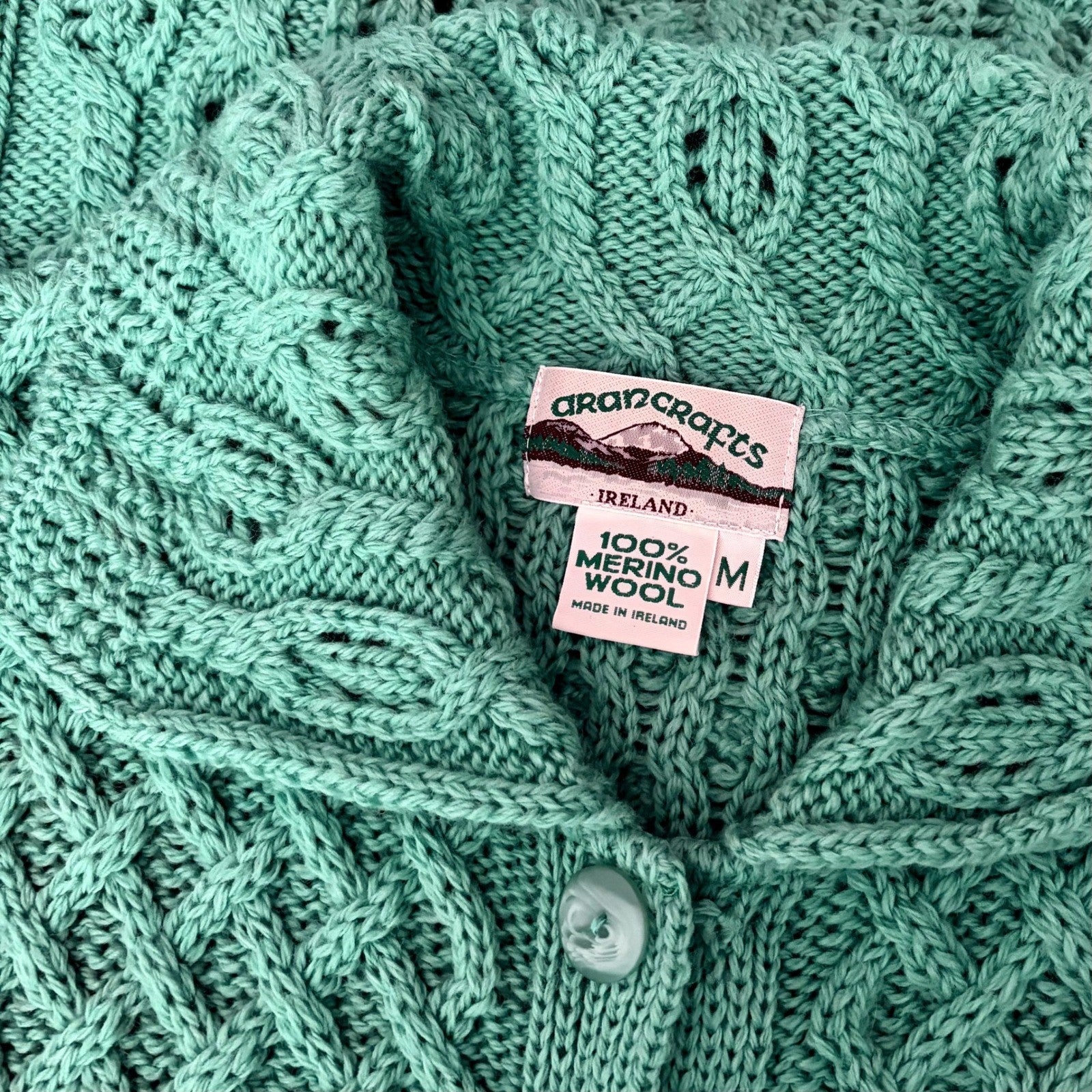 ARANCRAFTS Aran Crafts Merino Wool Green Cardigan Sweater Ireland Medium