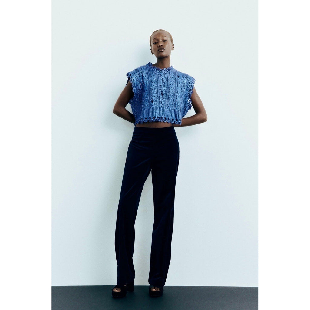 ZARA Metallic Blue Cropped Sweater Cableknit Distressed Cable Knit Crop Small