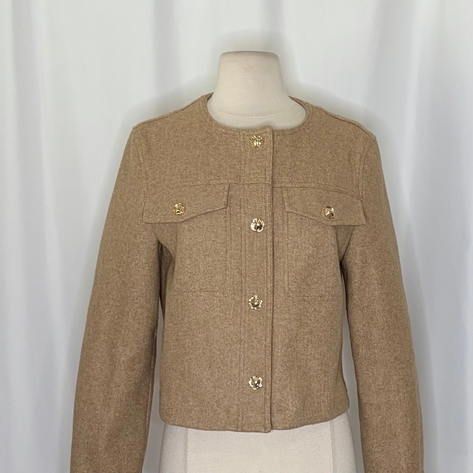 ZARA Cropped Jacket Light Brown Tan Gold Hammered Snaps Preppy Chic Small