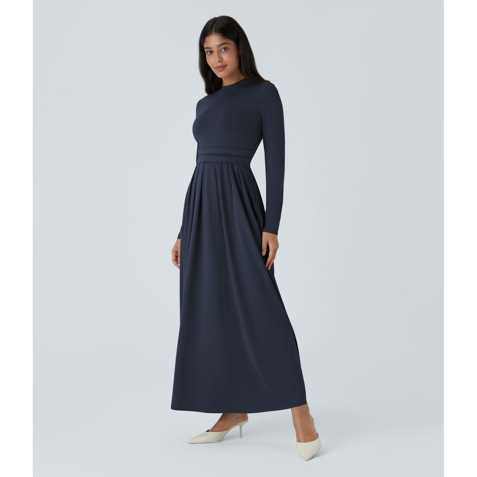 HALARA Navy Blue Mock Neck Long Sleeve Pocket Flare Maxi Casual Dress Knit XS