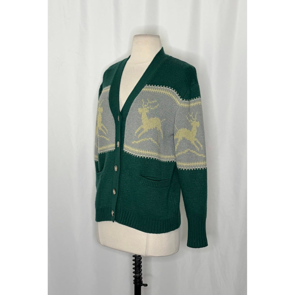 Anthropologie TINY Reindeer Cardigan Sweater Wool Blend Pockets Green X-Small