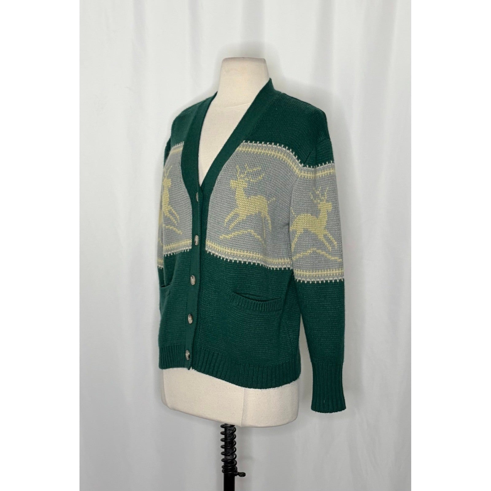 Anthropologie TINY Reindeer Cardigan Sweater Wool Blend Pockets Green X-Small