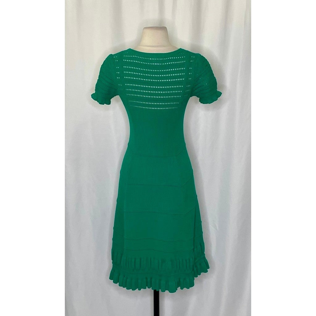 Anthropologie MAEVE Promenade Pointelle Knit Dress Solid Green Flirty X-Small