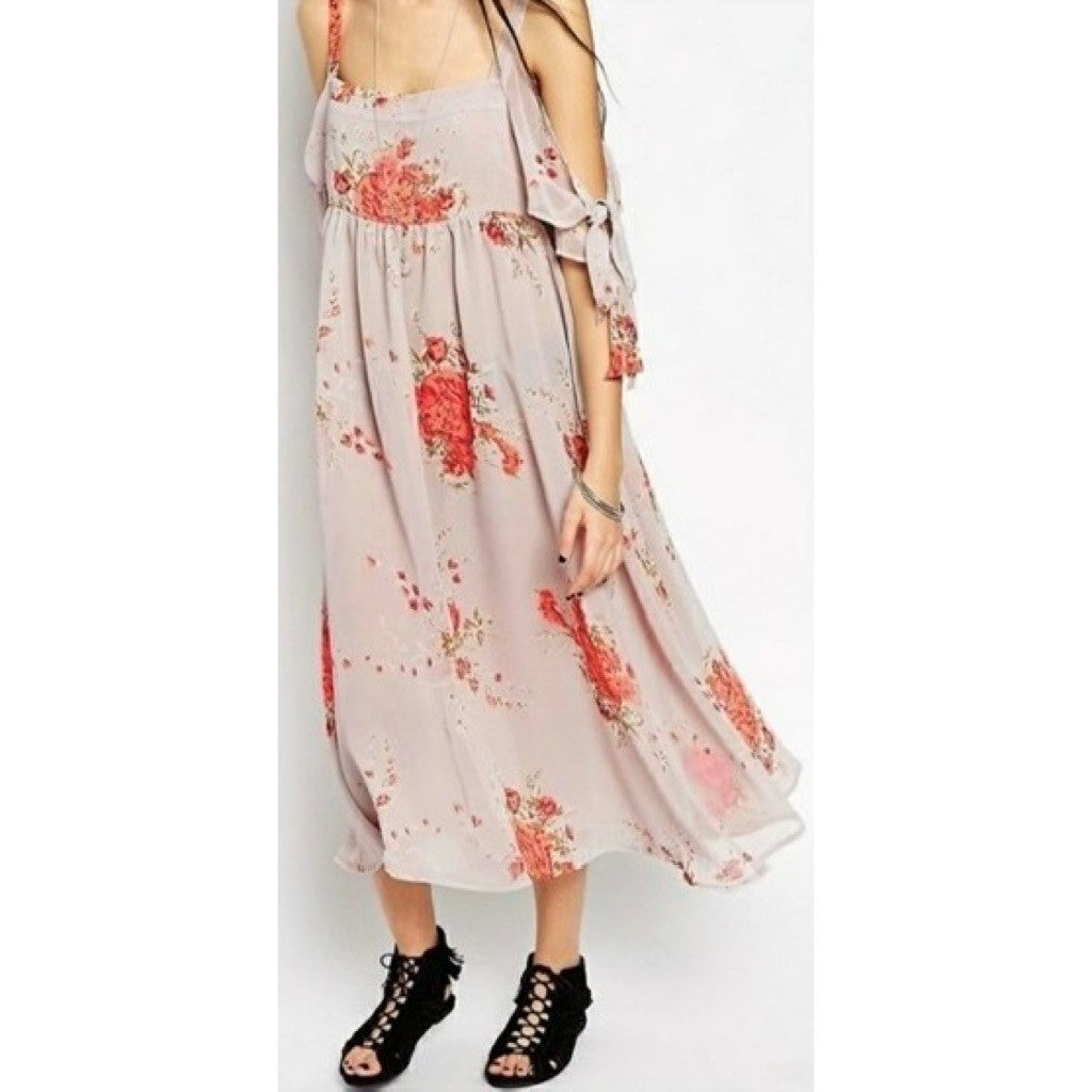 FREE PEOPLE Tied To You Floral Midi Dress Sand Combo Chiffon Bohemian Small