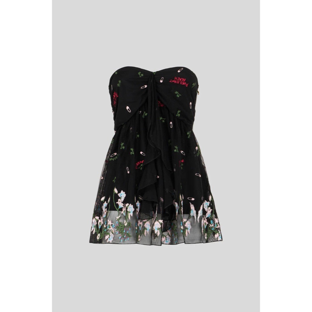 PATRIZIA PEPE Embroidered Tulle Top Strapless Floral Punk Size 40 US 4