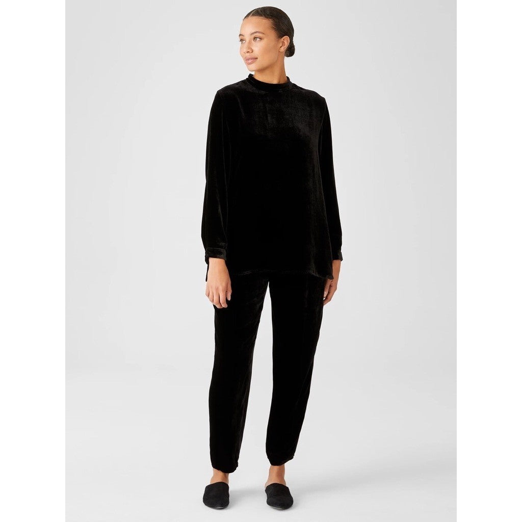 EILEEN FISHER Velvet Mock Neck Top Blouse Solid Black Tunic Pullover X-Small