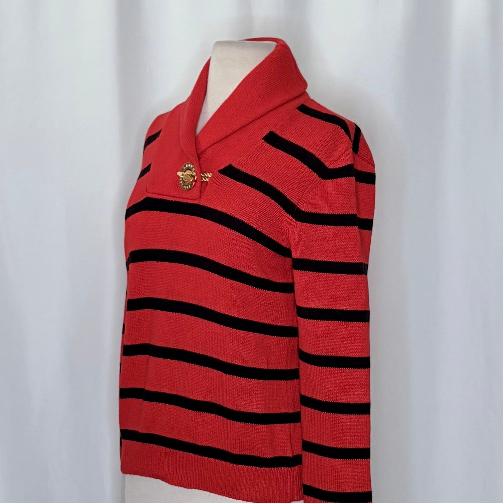 Lauren RALPH LAUREN Red Navy Blue Stripe Shawl Collar Sweater Knit Medium