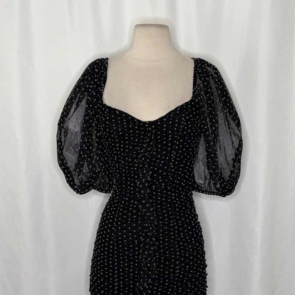 ZARA Chiffon Black Polka Dot Ruched Mini Dress Black Gray Party Blogger Small