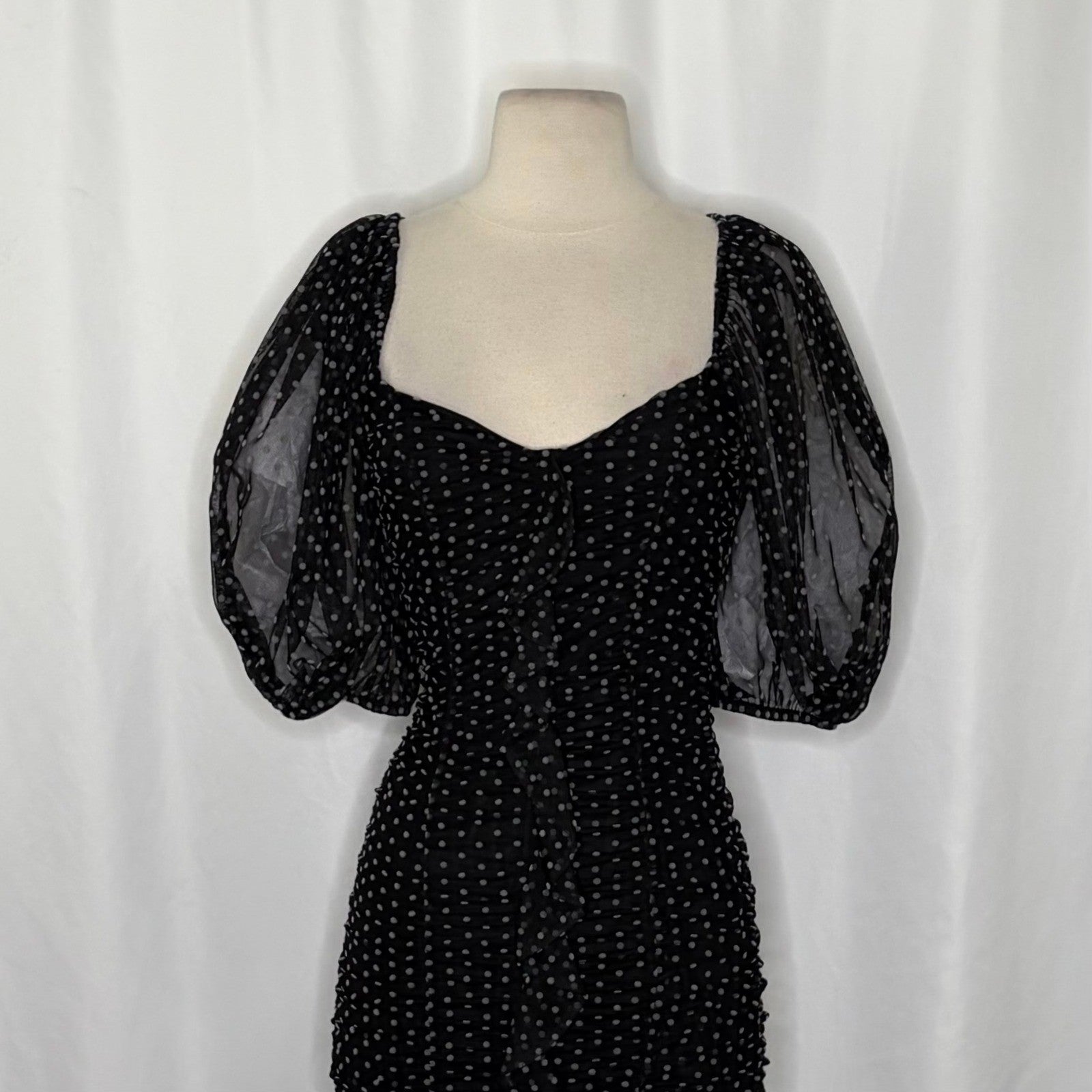 ZARA Chiffon Black Polka Dot Ruched Mini Dress Black Gray Party Blogger Small