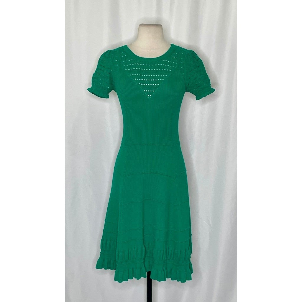Anthropologie MAEVE Promenade Pointelle Knit Dress Solid Green Flirty X-Small