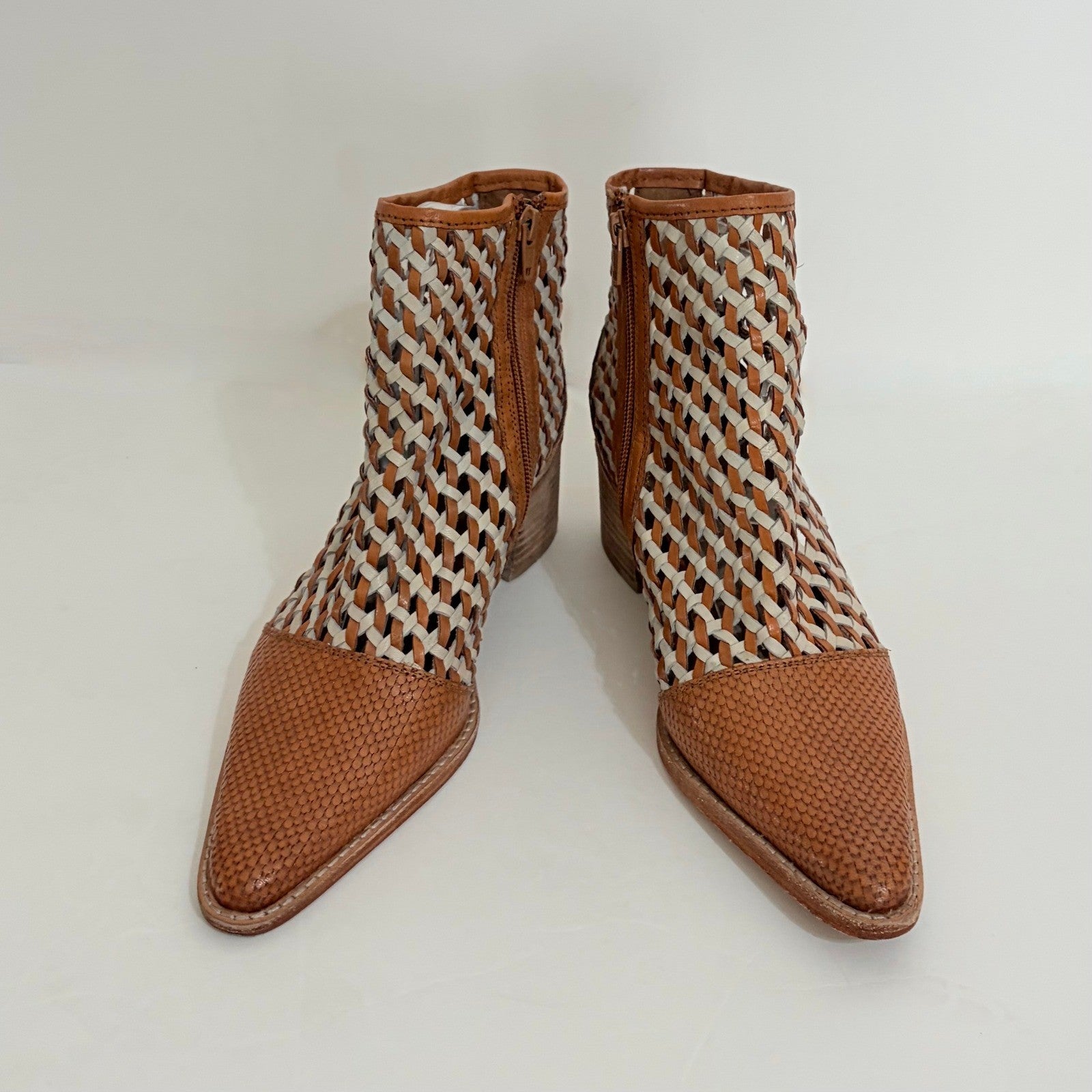 ROOLEE Opening Night Woven Ankle Boots Brown Point Toes Western Southwestern 7