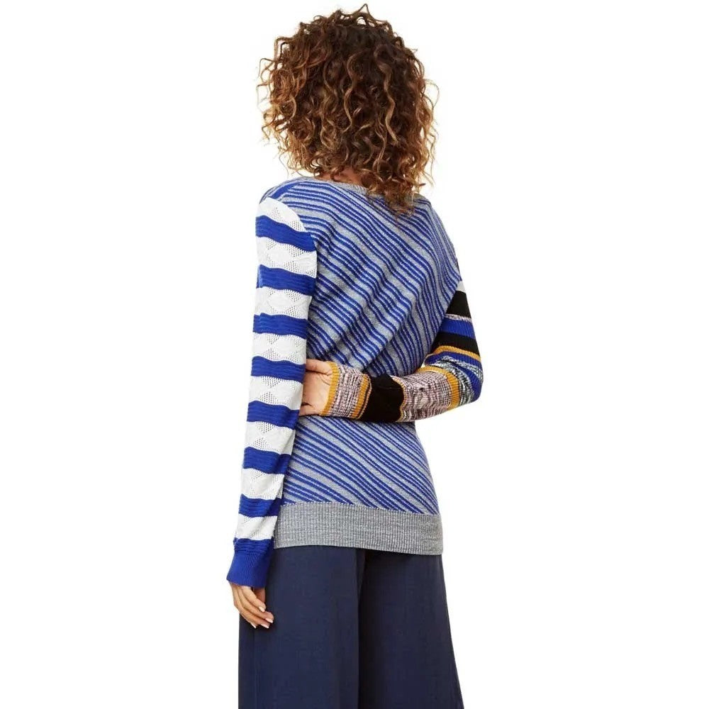DESIGUAL Nieves V-Neck Pullover Sweater Colorful Stripes Metallic Large