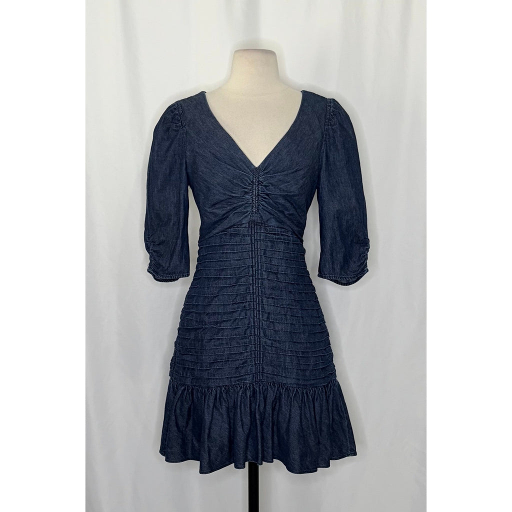 TANYA TAYLOR Pansy Dress Blue Denim Pleated Mini Puffed Sleeves Flirty Size 6