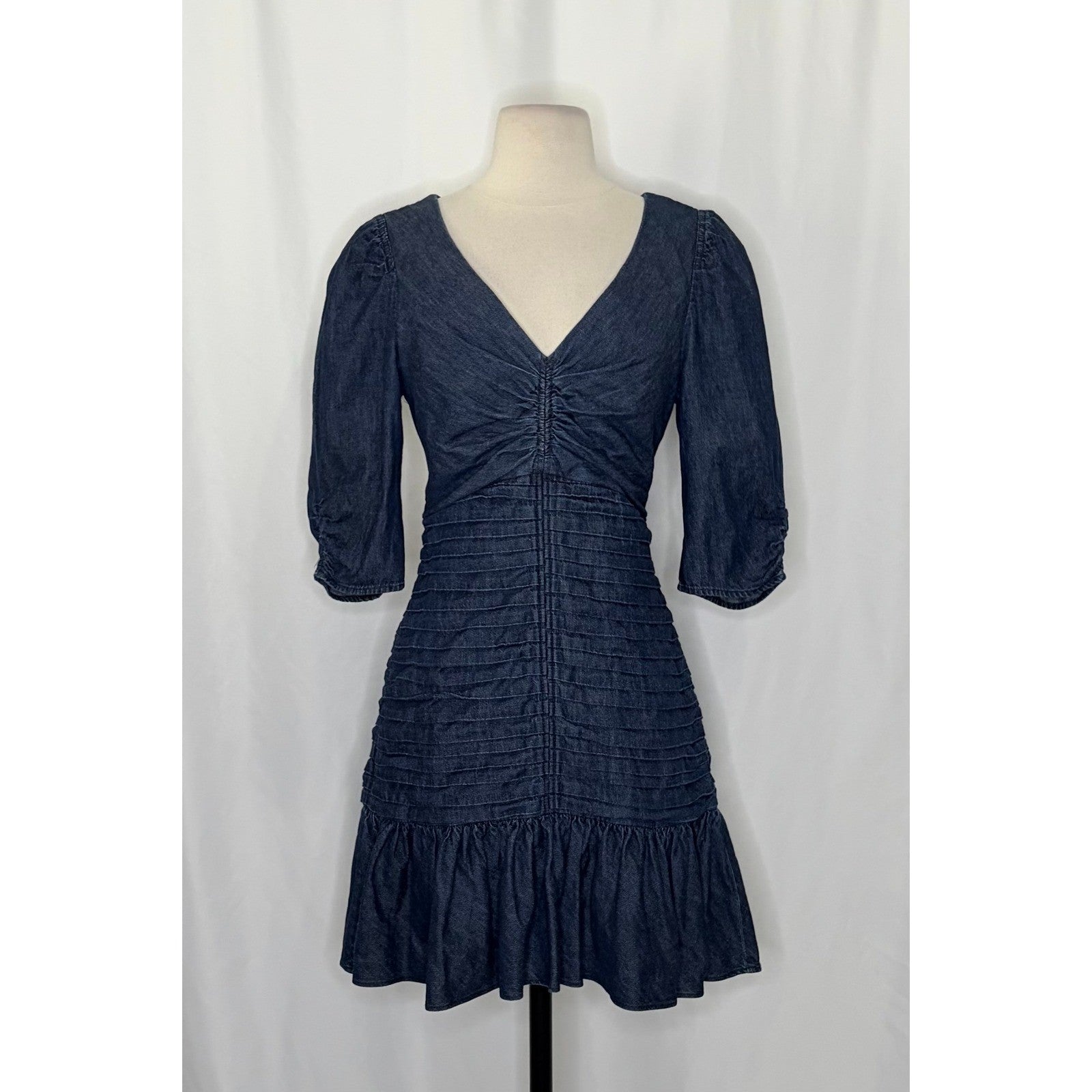 TANYA TAYLOR Pansy Dress Blue Denim Pleated Mini Puffed Sleeves Flirty Size 6