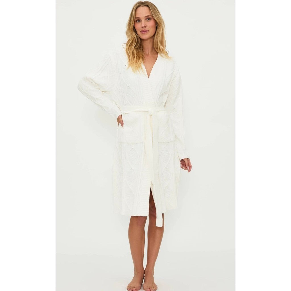 BEACH RIOT Rinna Chenille Robe Cream Cable Knit Belted Pockets X-Small Small