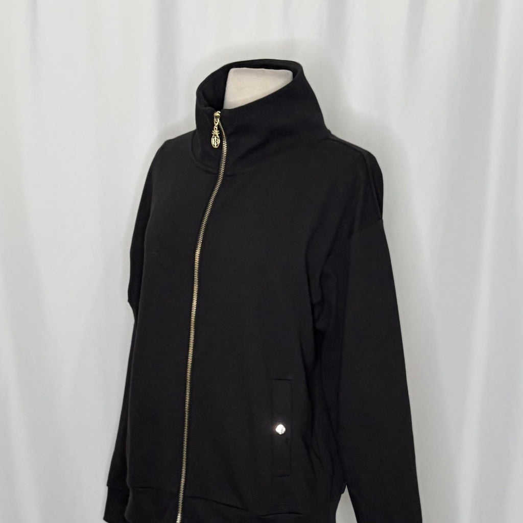 TOMMY BAHAMA Black Ribbed Knit Full Zip Jacket Gold Pineapple Hardware Medium