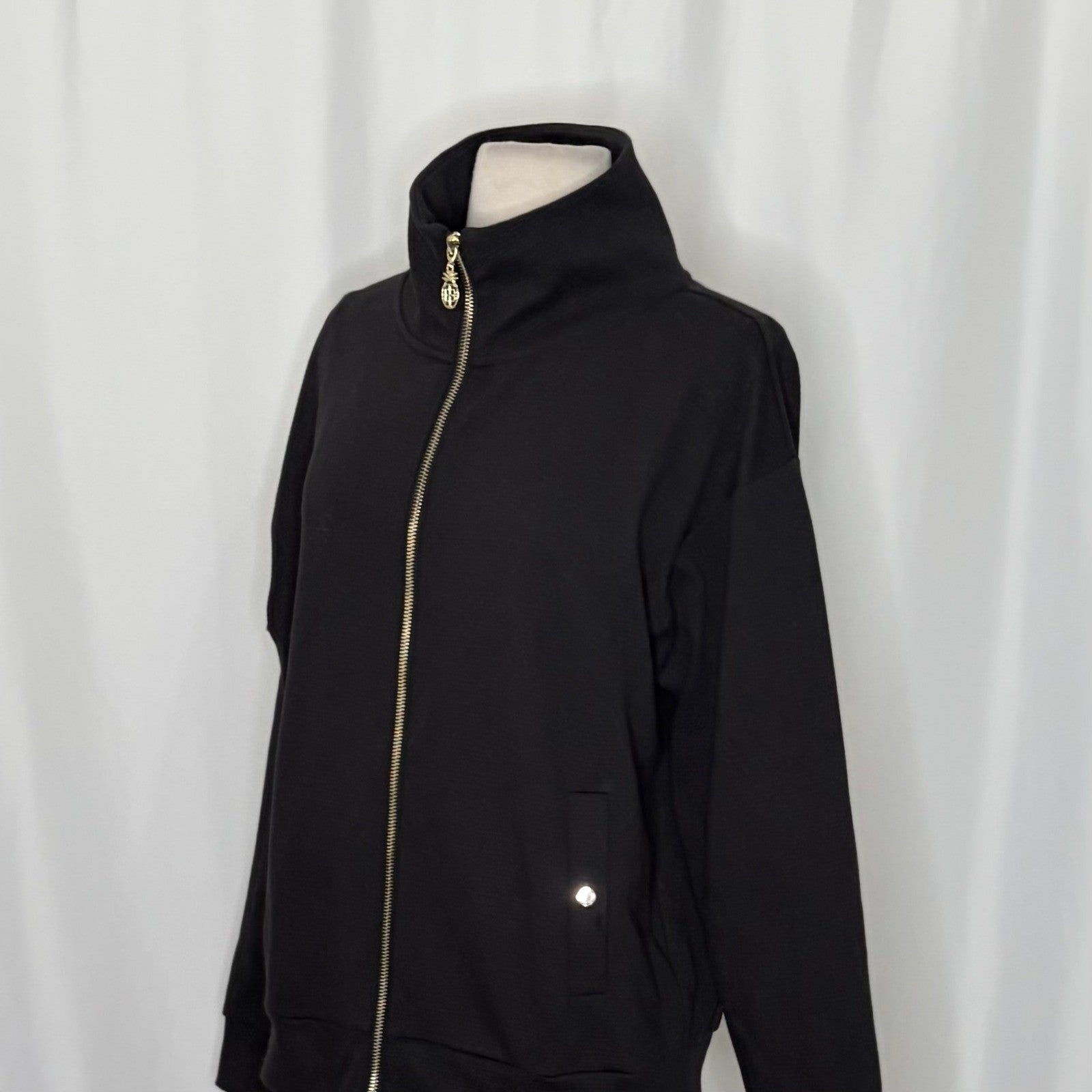 TOMMY BAHAMA Black Ribbed Knit Full Zip Jacket Gold Pineapple Hardware Medium