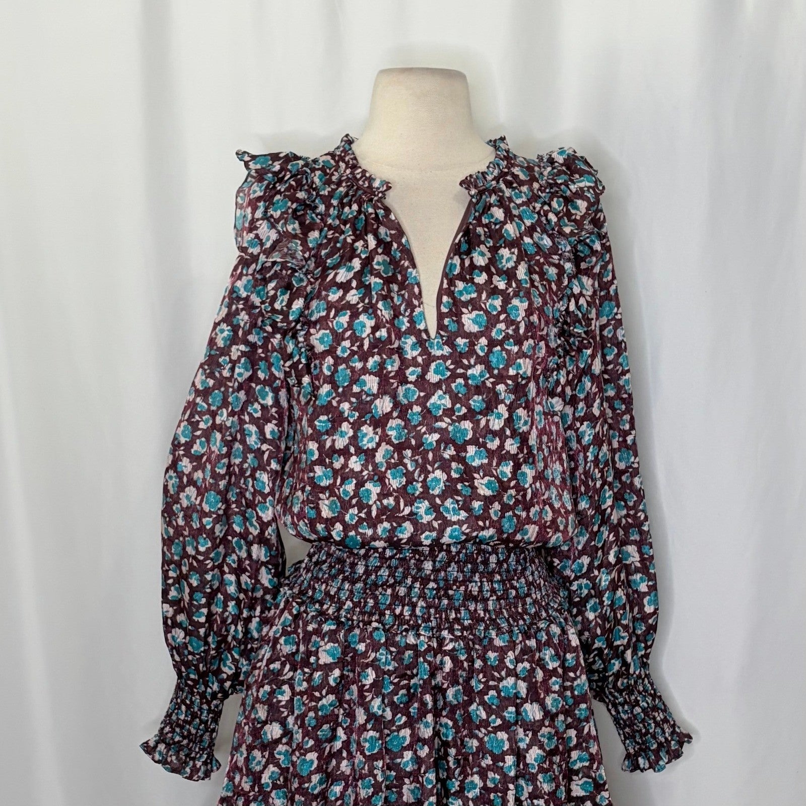 RAMY BROOK Silk Penelope Dress Roco Floral Mini Ruffled Smocked Purple Teal XS