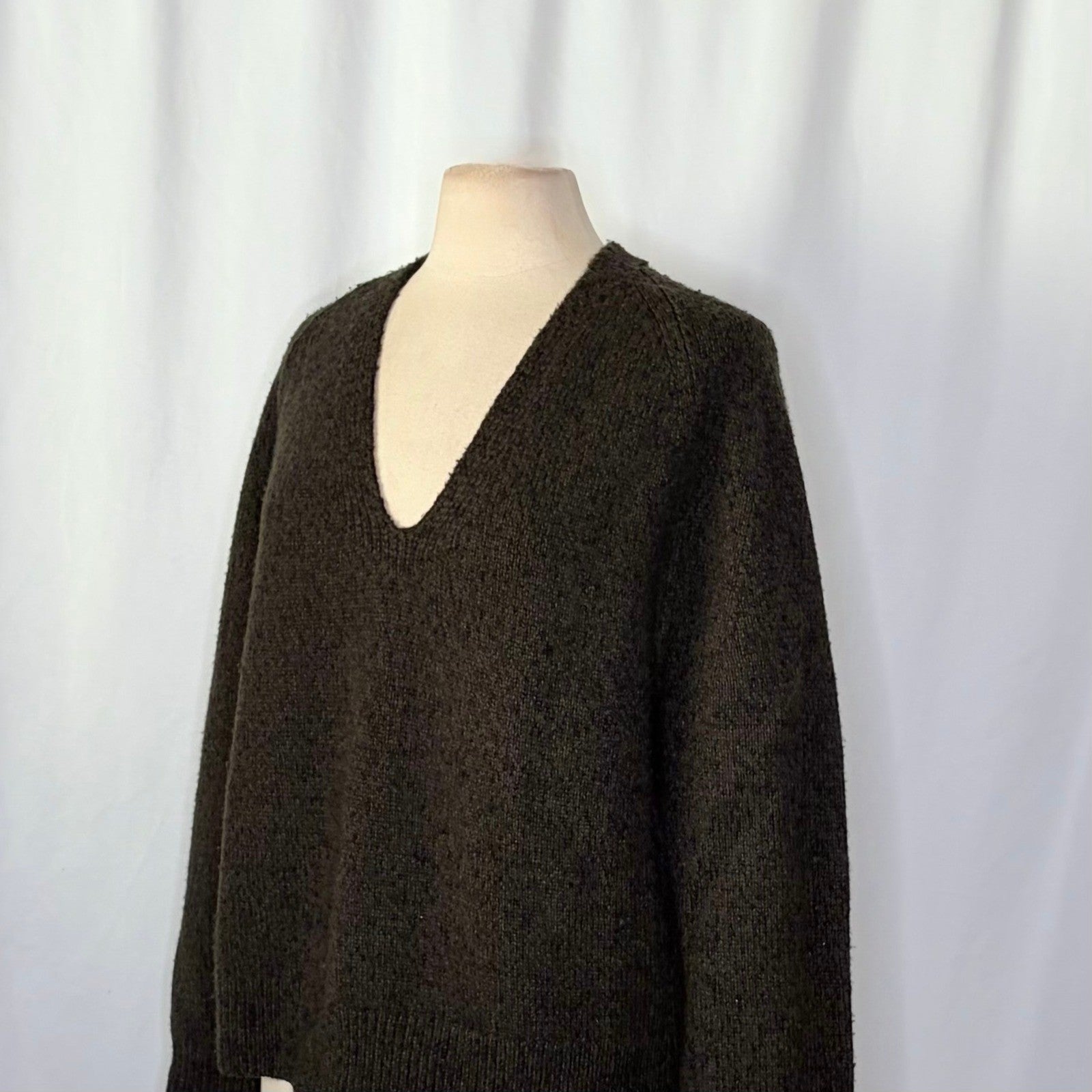 VINCE Merino Wool Cashmere V Neck Sweater Raglan Pullover Green Marled Large
