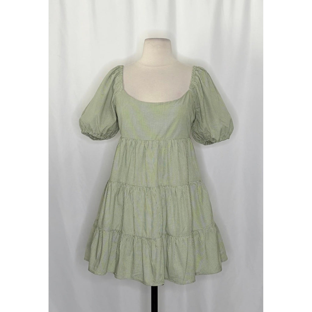 NIA Silvana Green White Gingham Babydoll Dress Tiered Mini Summer Puff Medium