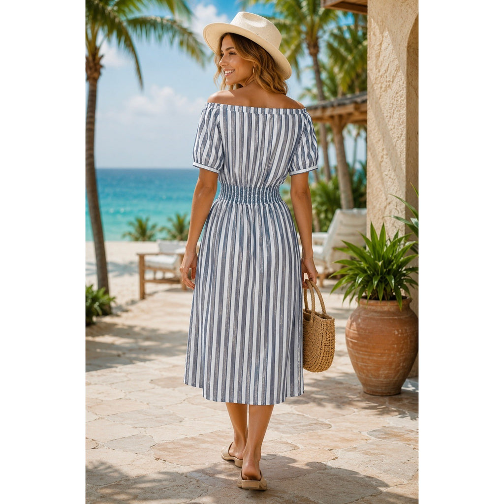 Anthropologie SEEN WORN KEPT Jenna Lurex Stripe Dress Blue White Midi Size 12