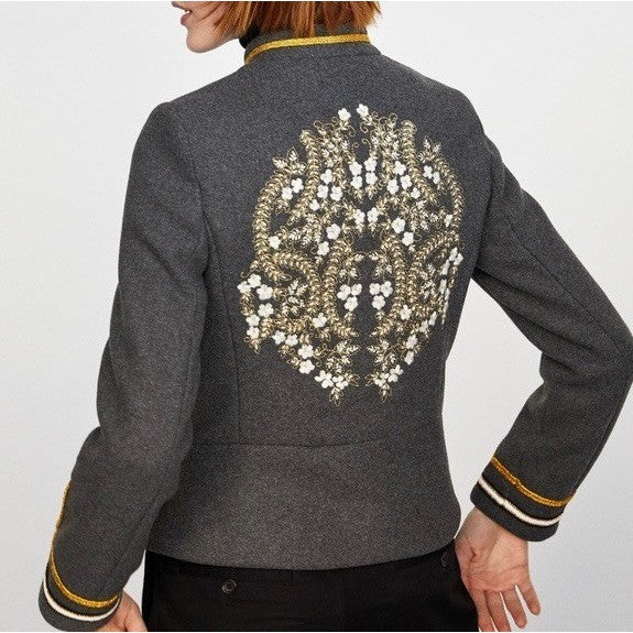 NWT!! ZARA Embroidered Military Jacket Charcoal Gray Gold Braid Buttons Large