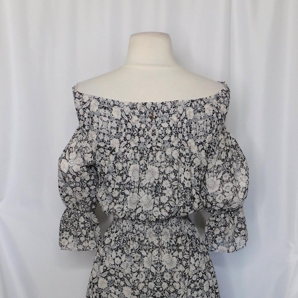 MISA Los Angeles Floral Smocked Midi Dress Black Gray Pink Off Shoulder X-Small
